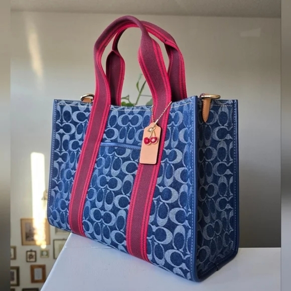 Coach Smith Tote Bag In Signature Denim Blue and Red With Dust Bag - Picture 3 of 15
